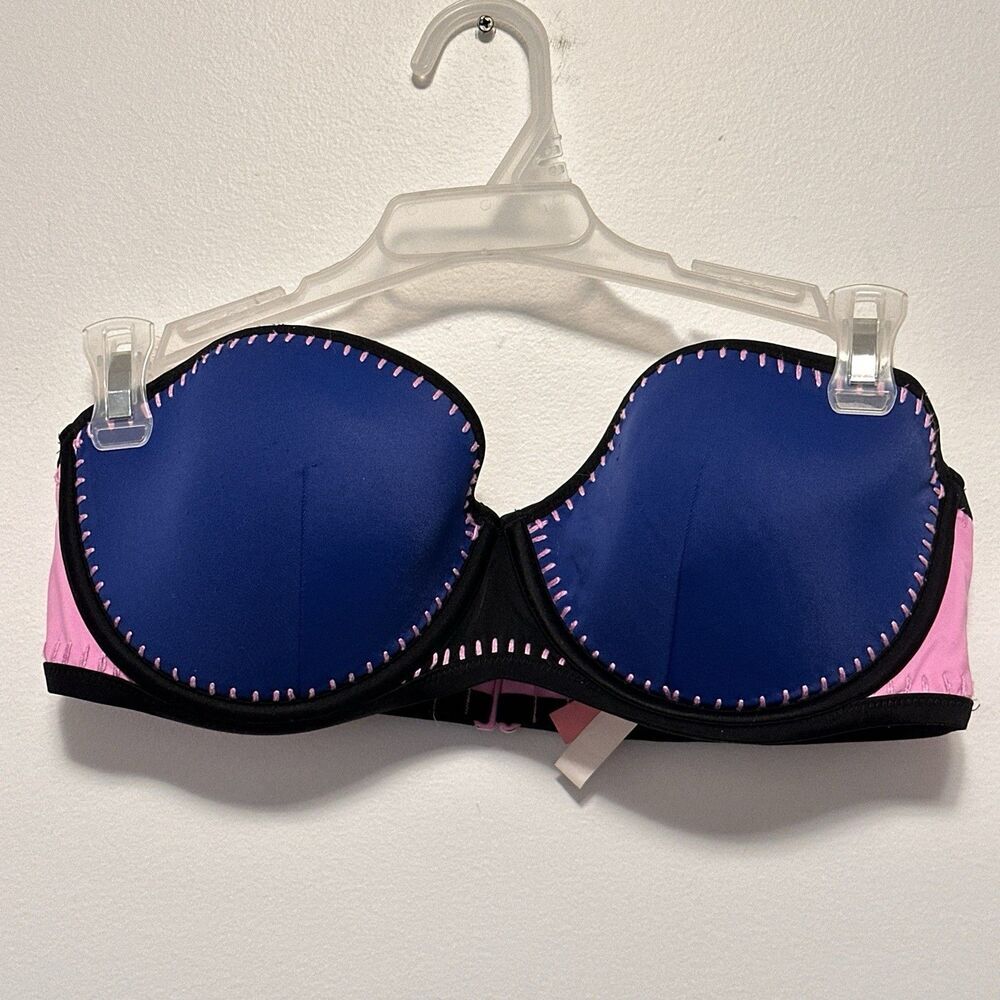 Victoria Secret 36D Blue Pink Colorblock The Flirt Bandeau Bikini Top No Straps